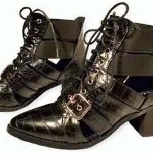 Dolls Kill Black Croc Lace-Up Ankle Booties